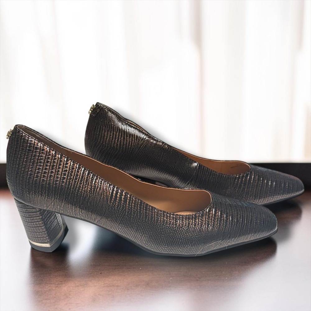 J. Renee Bronze Metallic Lizard Embossed Square Toe Block Heel Pumps